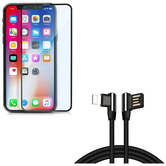 iPhone XS/X - 10ft Angle USB Cable w Anti-Glare Screen Protector - Charger Cord Power Wire Sync 90 Degree Right Angle, Tempered Glass Matte 3D Curved Edge Anti-Fingerprint Case Friendly