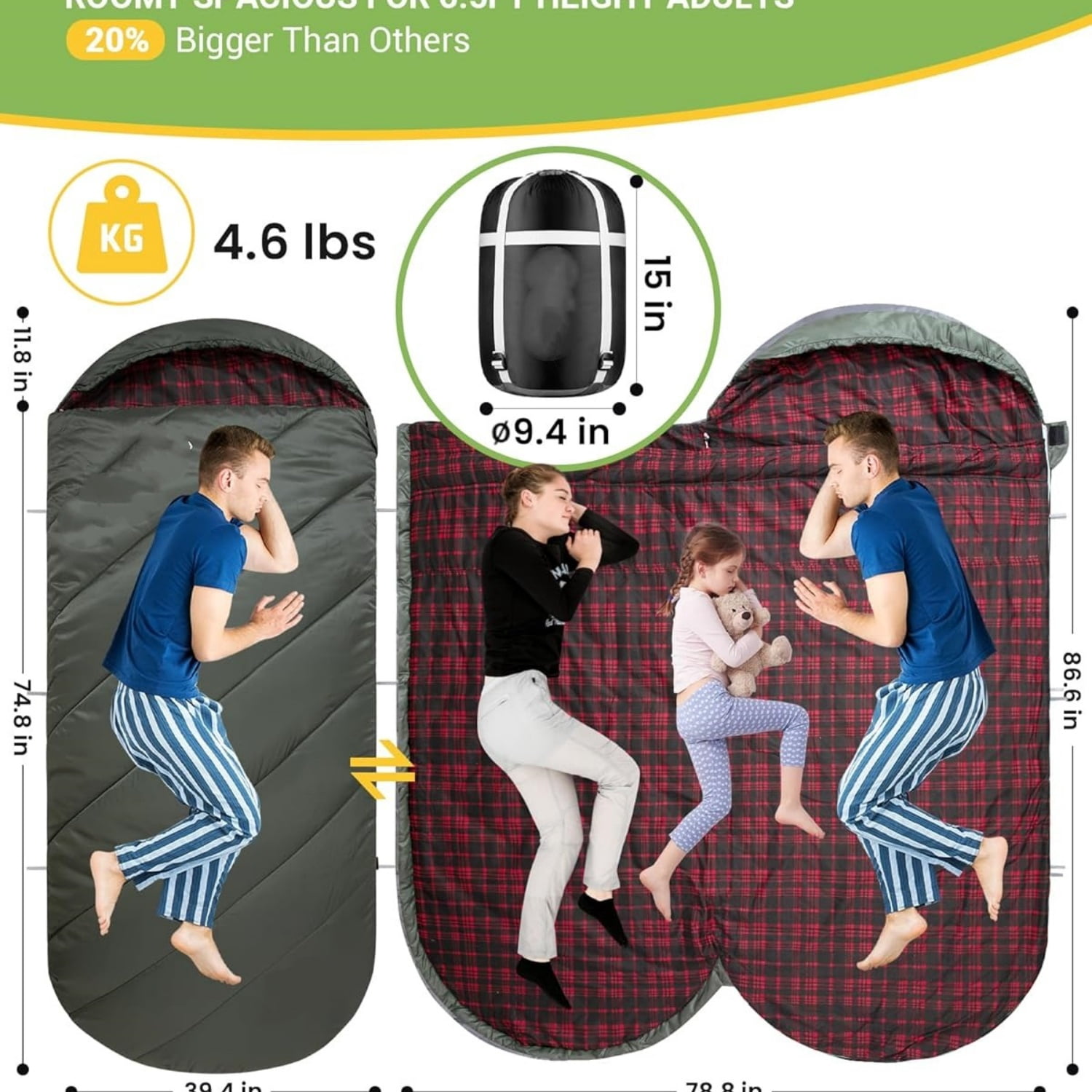 Sleeping Bag for Adults, Cold Weather & Warm Extra Wide Big & Tall XL Portable Waterproof Flannel Sleeping Bags, Essentials Gear Accessories for Camping Backpacking Hiking Indoor & Outdoor