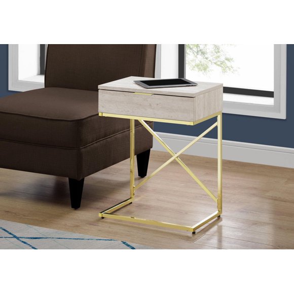 Monarch Specialties Accent Table, Side, End, Nightstand, Lamp, Storage Drawer, Living Room, Bedroom, Beige Marble Look Laminate, Gold Metal, Contemporary, Modern