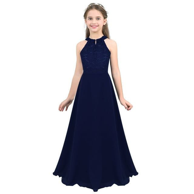 Freebily Robe en Dentelle Florale pour Filles Col Halter Découpe Dos Chiffon Soirée Mariage Fête Bleu Marine 14