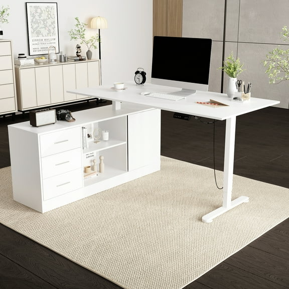 KULAGAGA Height Adjustable Electric Standing Desk with File Cabinet, 55.1 in x 63 in, White