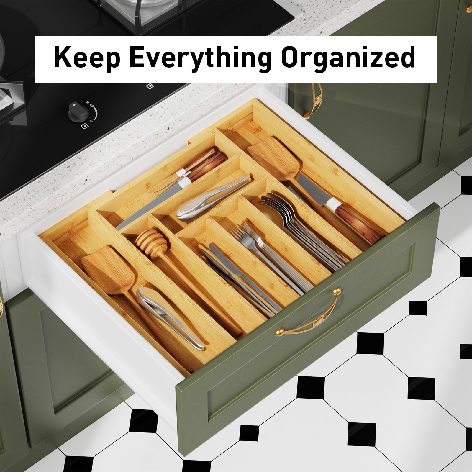 8-Grid Bamboo Expandable Drawer Organizer for Cutlery, Adjustable Wooden Tray for Knives, Forks & Spoons, Lightweight Kitchen, Kitchen Drawer Organizer, Utensil Drawer Organizer