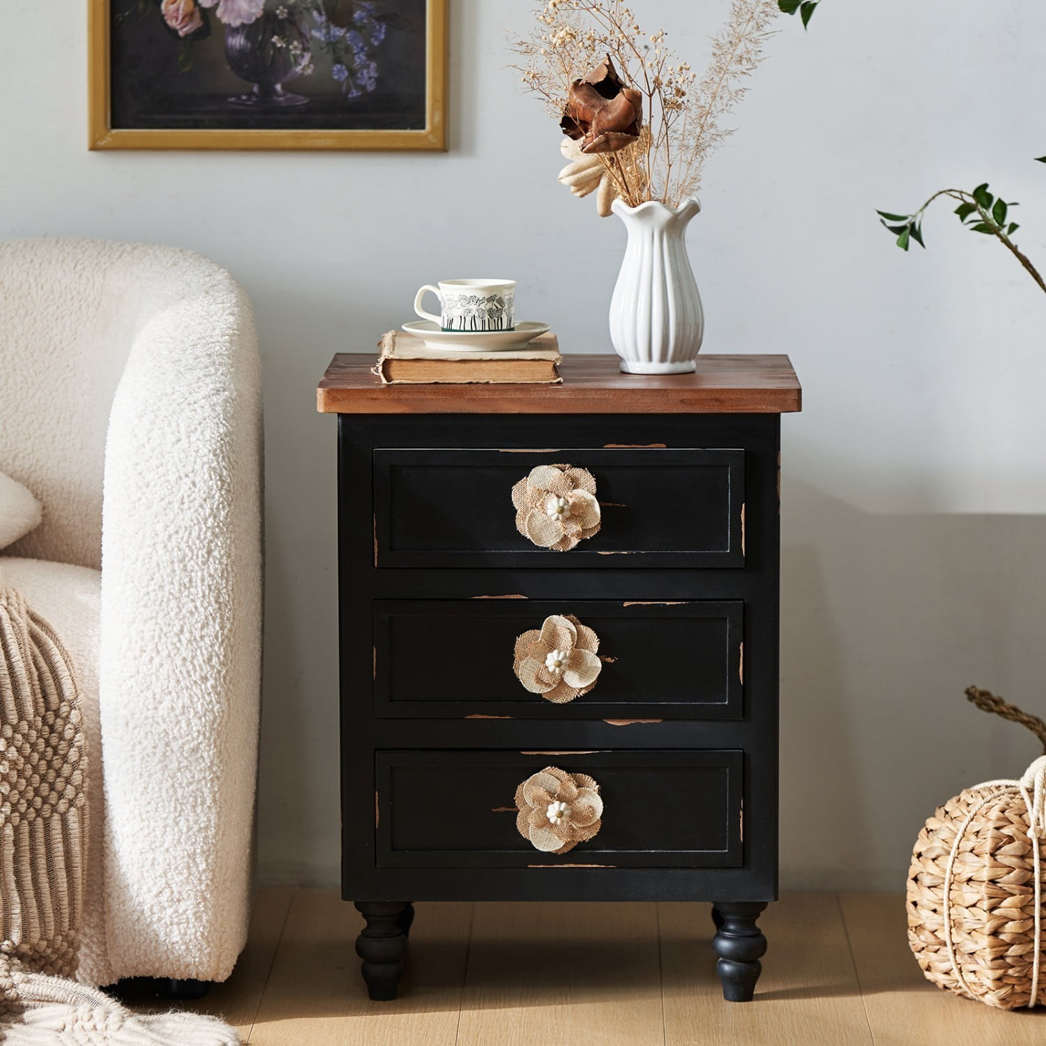 Vintage Farmhouse Nightstand, 3 Drawer Rustic End Table with Floral Knobs and Gourd Legs, Distressed Antique Black Bedside Storage Cabinet for Bedroom Living Room