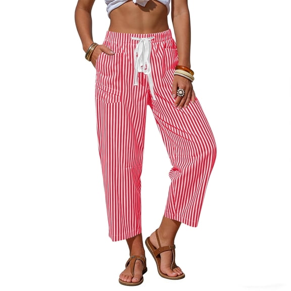 Vrorvz Women Striped Capris Straight Leg Loose Cropped Pants for Womens Casual Elastic Waist Summer Trousers