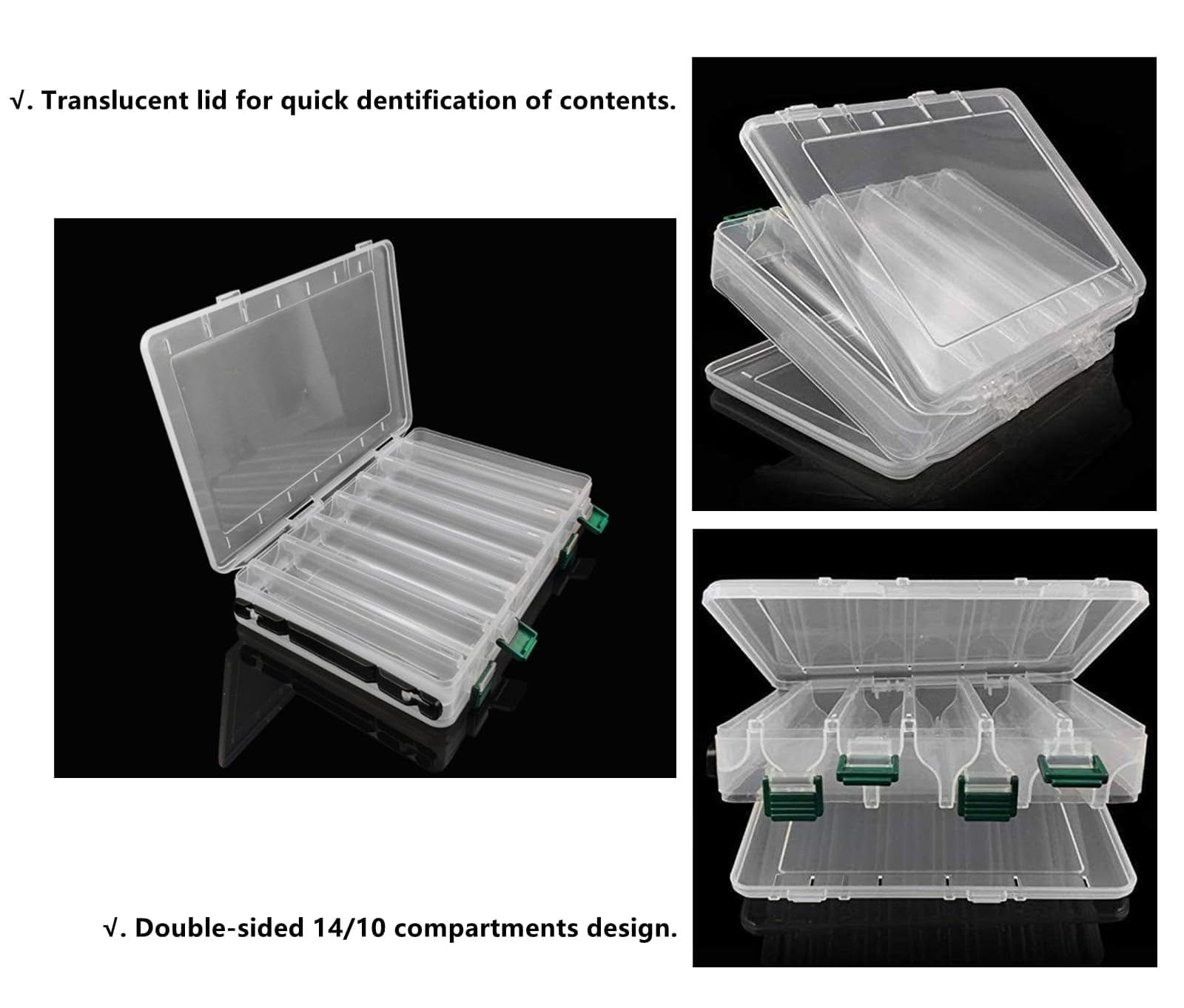 Double-sided Fishing Lure Hook Tackle Box Visible Hard Plastic Clear Bait Squid Jig Minnows Hooks Accessory Storage Case Container (clear-14 Slots 2pcs)