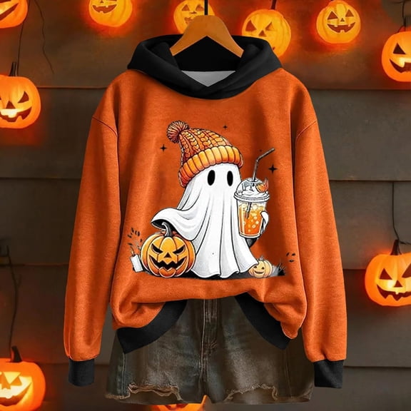FASHOFT Halloween Sweatshirt for Women Cute Ghost Graphic Oversized Hoodie Causal Holiday Tops Long Sleeve Pullover Black L