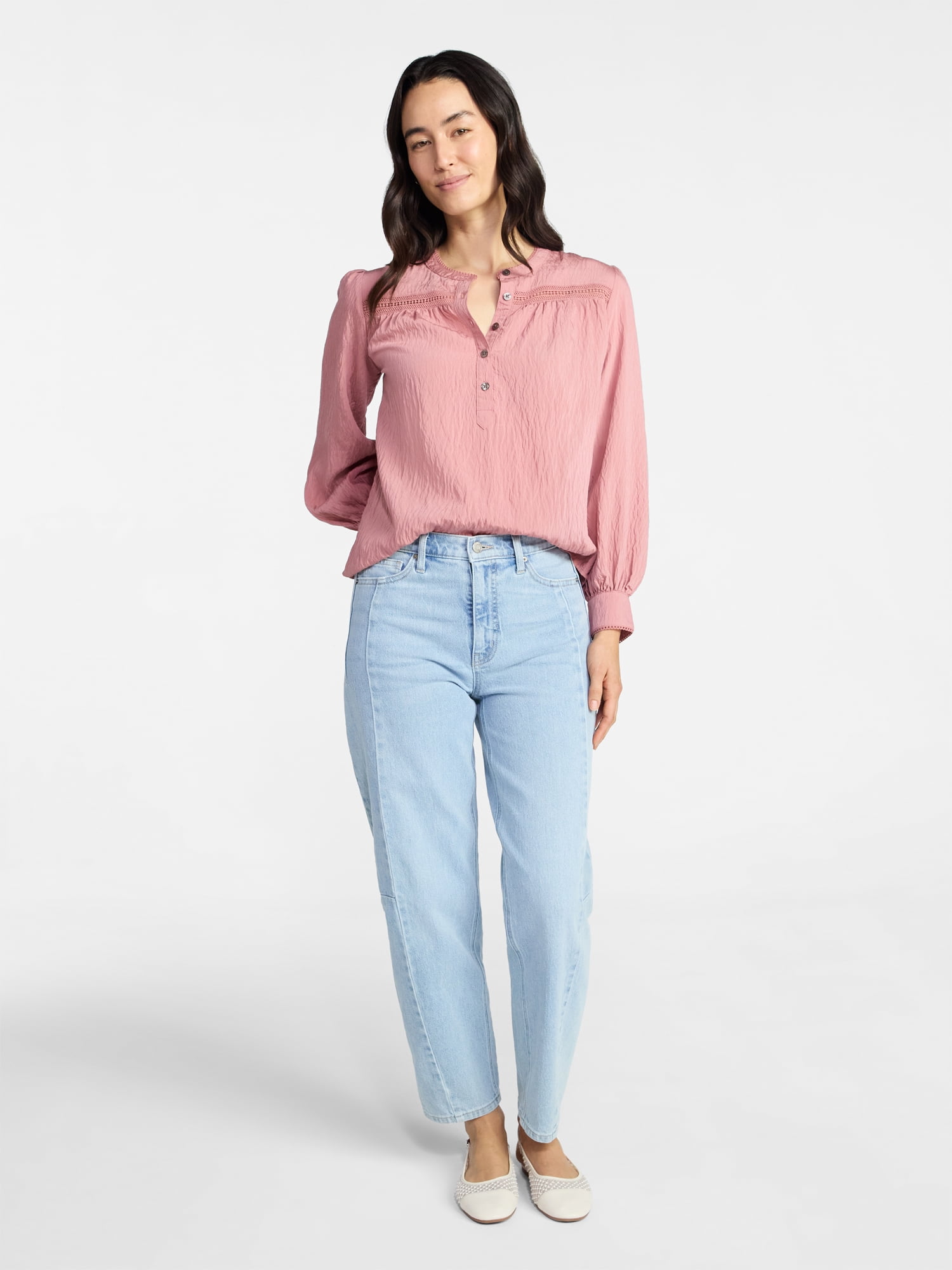 Time and Tru Women's Lace Yoke Half Button Shirt with Long Sleeves Sizes XS-XXXL