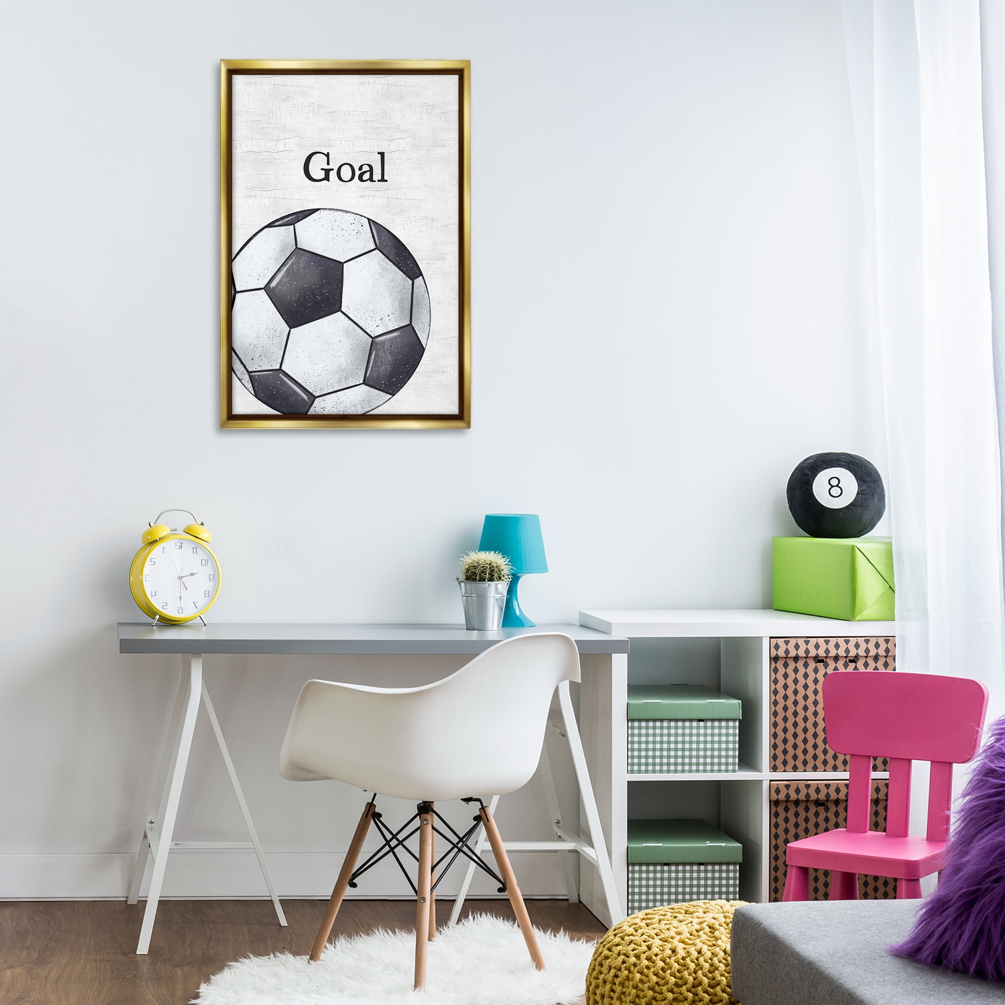 Stupell Industries Soccer Ball Goal Sports Painting Gold Floater Framed Canvas Art Print Wall Art, 21 x 31