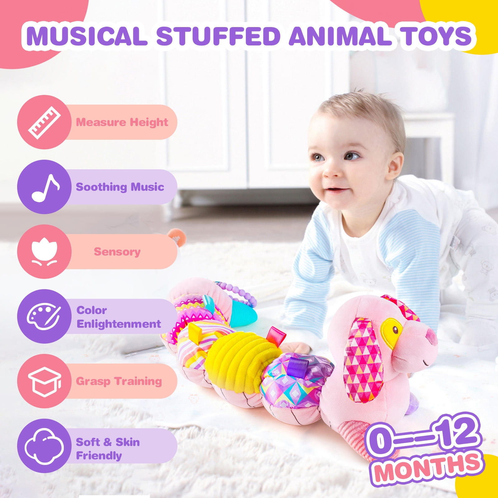 Newborn Baby Toys 0-12 Months - Musical Stuffed Puppy Plush, Multi-Sensory Crinkle Rattles & Textured Design, Tummy Time Early Development Gift for Infant