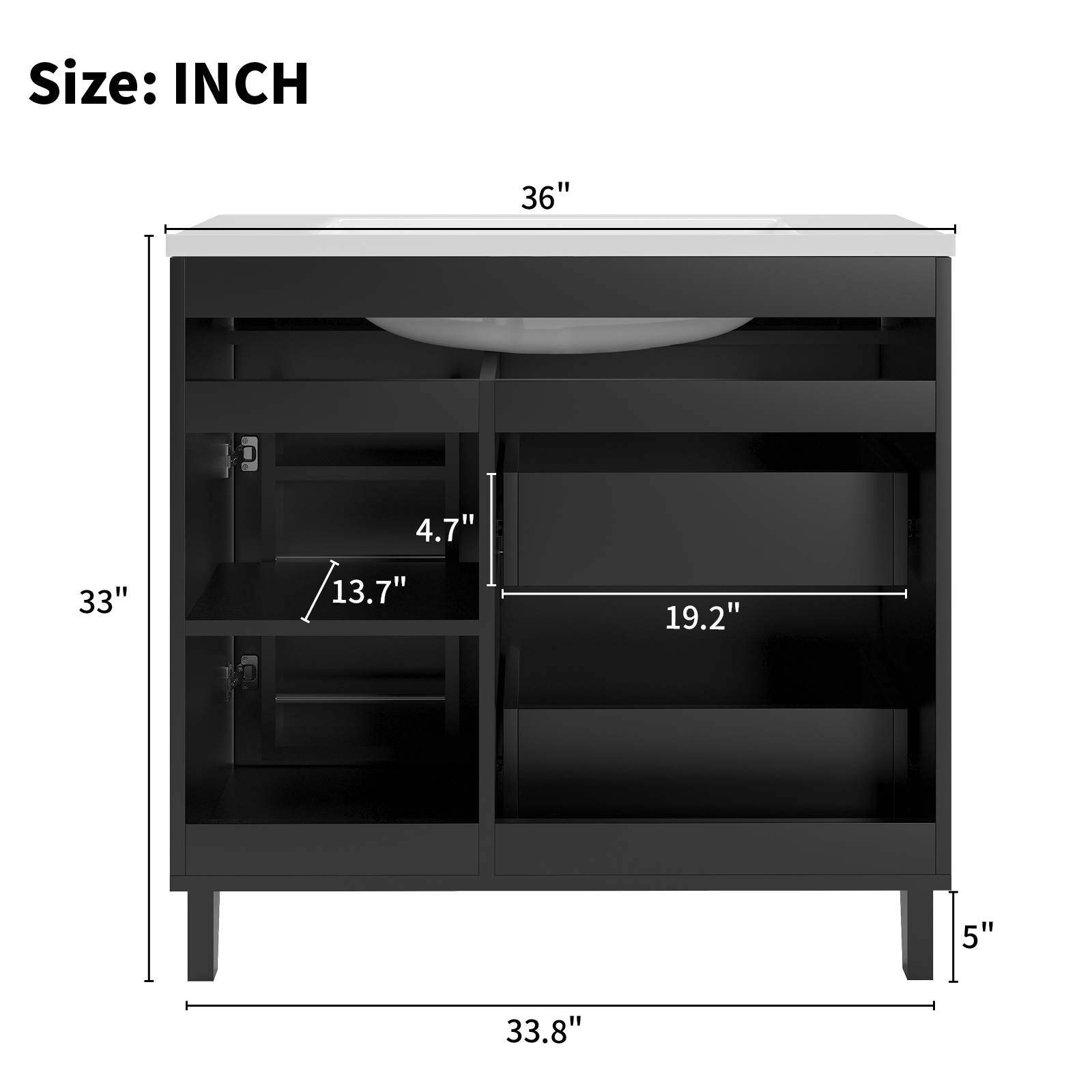36-inch Bathroom Dressing Table with Sink, Modern Bathroom Washbasin Cabinet with 2 Drawers and 1 Door, Bathroom Storage Dressing Table with Netal Handle, Black