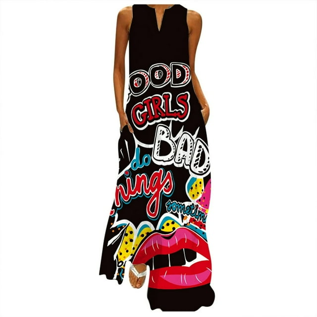 PENGXIANG Robes Sexy pour Soirée Club Robe Imprimée Sans Manches Col en V Fendue Kaftan Ample Longue Robe
