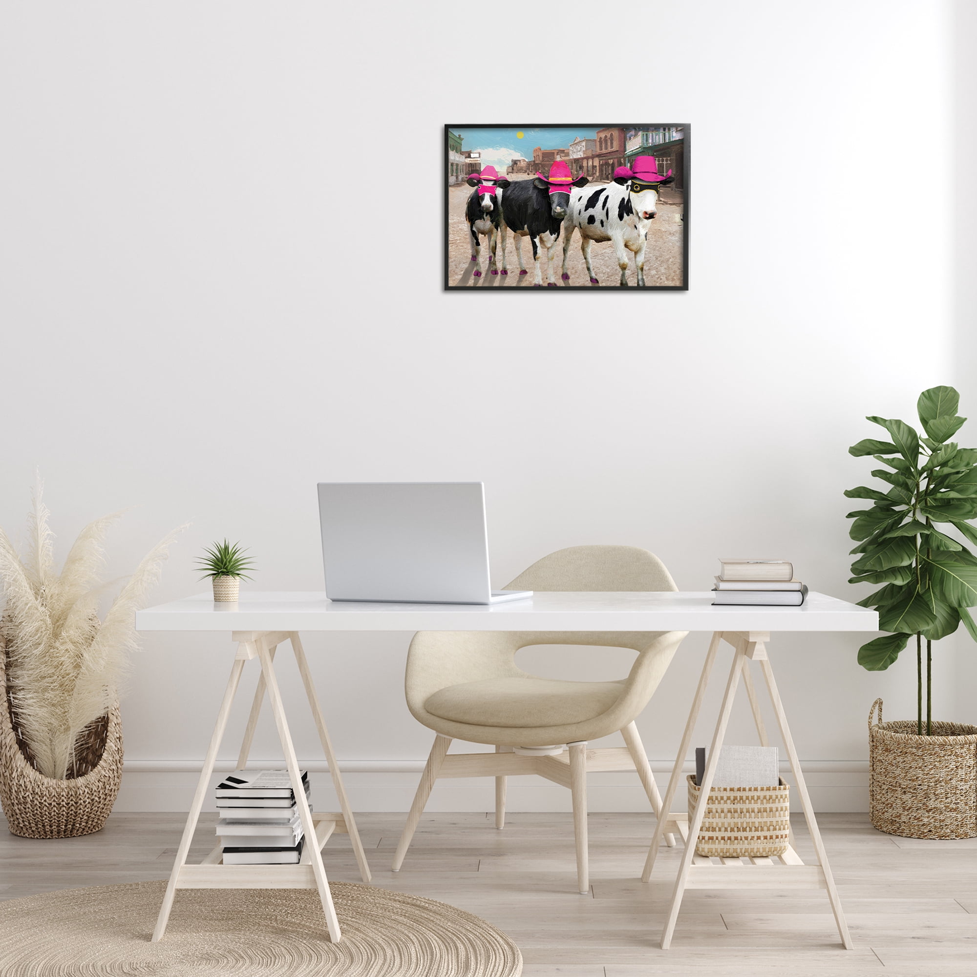 Stupell Industries Superhero Cows in Town Scenery Painting Black Framed Art Print Wall Art, 24 x 16