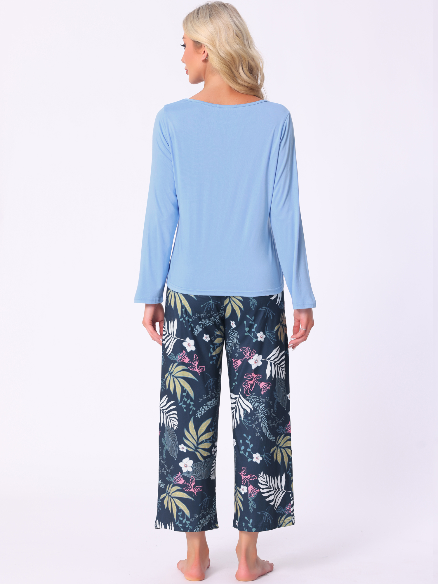 DARING DIVA Long Sleeve Floral Capri Soft Strechy Pajama Sets 2 Pieces S Deep Blue