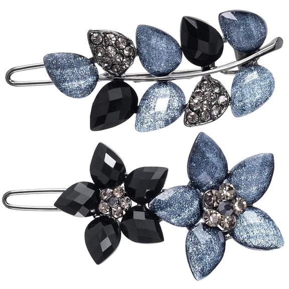 Gogcaro 2Pcs Rhinestone Hair Barrettes, Crystal Leaf Flower French Hair Clips and Pins for Wedding, Sparkling Party Accessories Elegant Barrette for Bridemaids Flower Girl (Blue), 2 inch