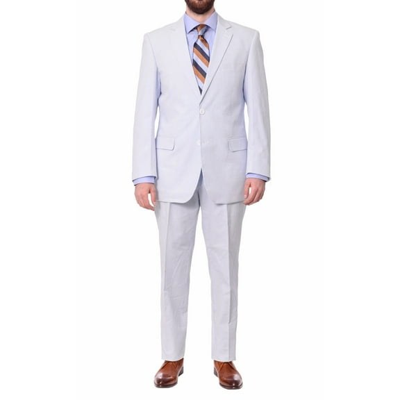 Emigre Classic Fit Blue Pinstriped Two Button Cotton Seersucker Suit Size: 34S
