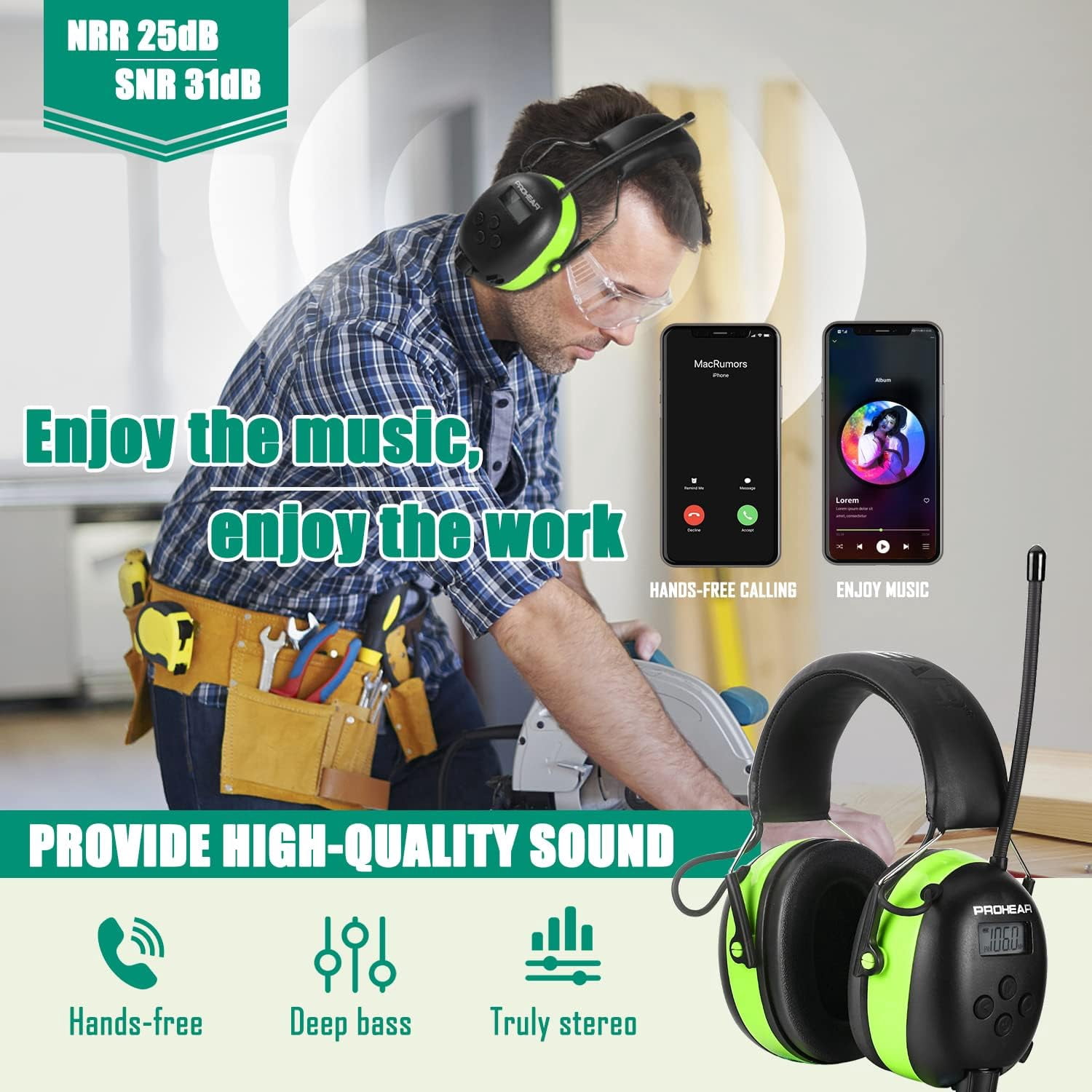 PROHEAR 033 5.4 Bluetooth Hearing Protection AM FM Radio Headphones, Noise Reduction Safety Earmuffs with Rechargeable 2000mAH Battery, 31dB SNR Ear Protector for Mowing Lawn,Gifts for Father Green