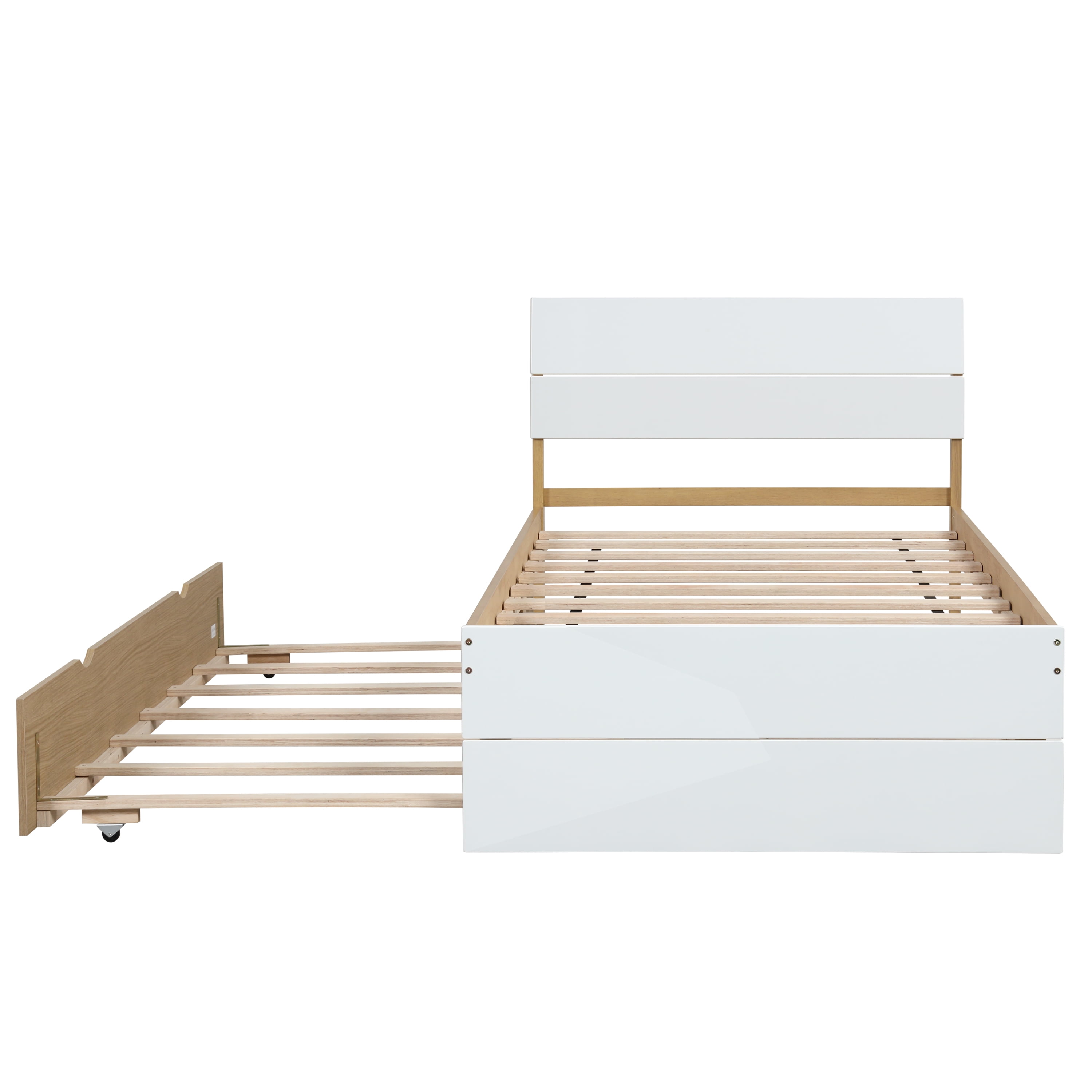 Miniyam Wood Twin Size Bed Frame with Trundle for Kids and Teens, Space-Saving, Oak