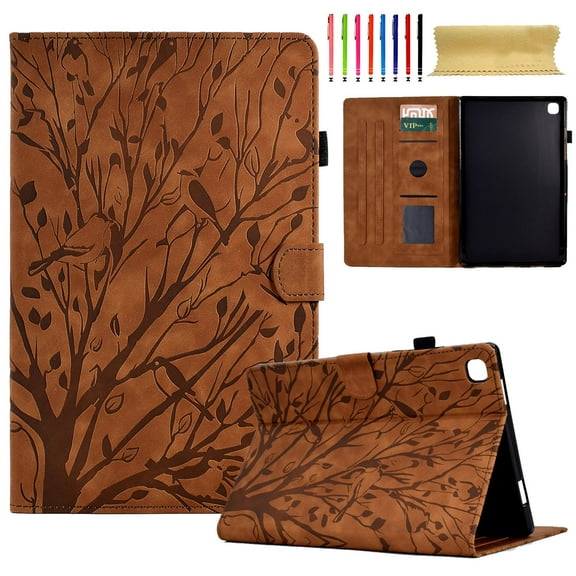 Embossed Tree PU Leather Flip Tablet Case for Samsung Galaxy Tab S6 Lite 10.4" 2020 P610/P615 Shockproof Protection Card Slots Holder Stand with Pen Slot & Auto Sleep/Wake Case Cover, Brown