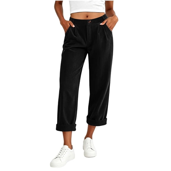 Sevevn Women's Fall Corduroy Pleated Draped Straight-Leg Roll-Cuff Pants Versatile Comfortable Casual Outdoor Pants with Pockets