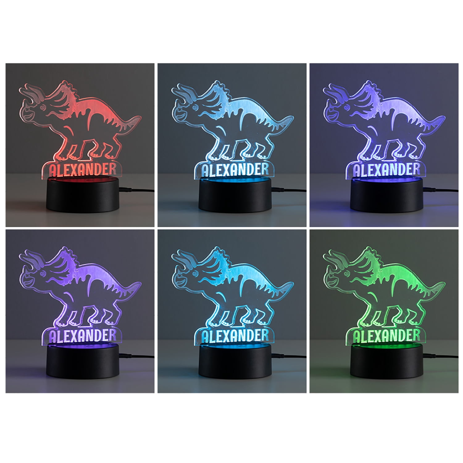 Personalized Planet Triceratops Multicolor LED Night Light with Custom Name Laser Engraved on Acrylic Design Insert