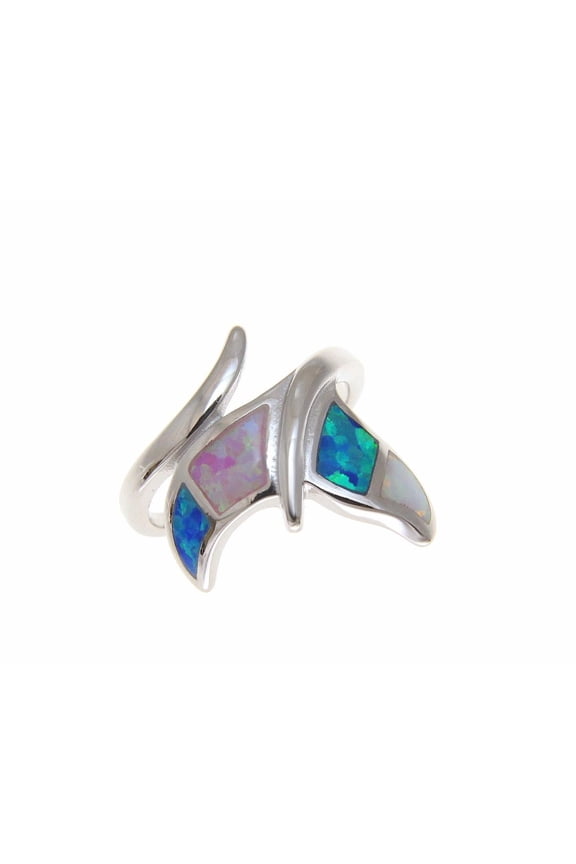 Blue white pink tricolor inlay synthetic opal ring Hawaiian whale tail 925 sterling silver size 10