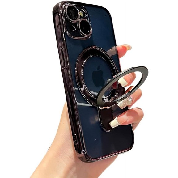 for iPhone 15 Case Clear Magnetic Build-in Stand with Camera Lens Protection [Compatible with MagSafe] Shockproof Soft Protective Slim Phone Case for iPhone 15 6.1 Inch - Black