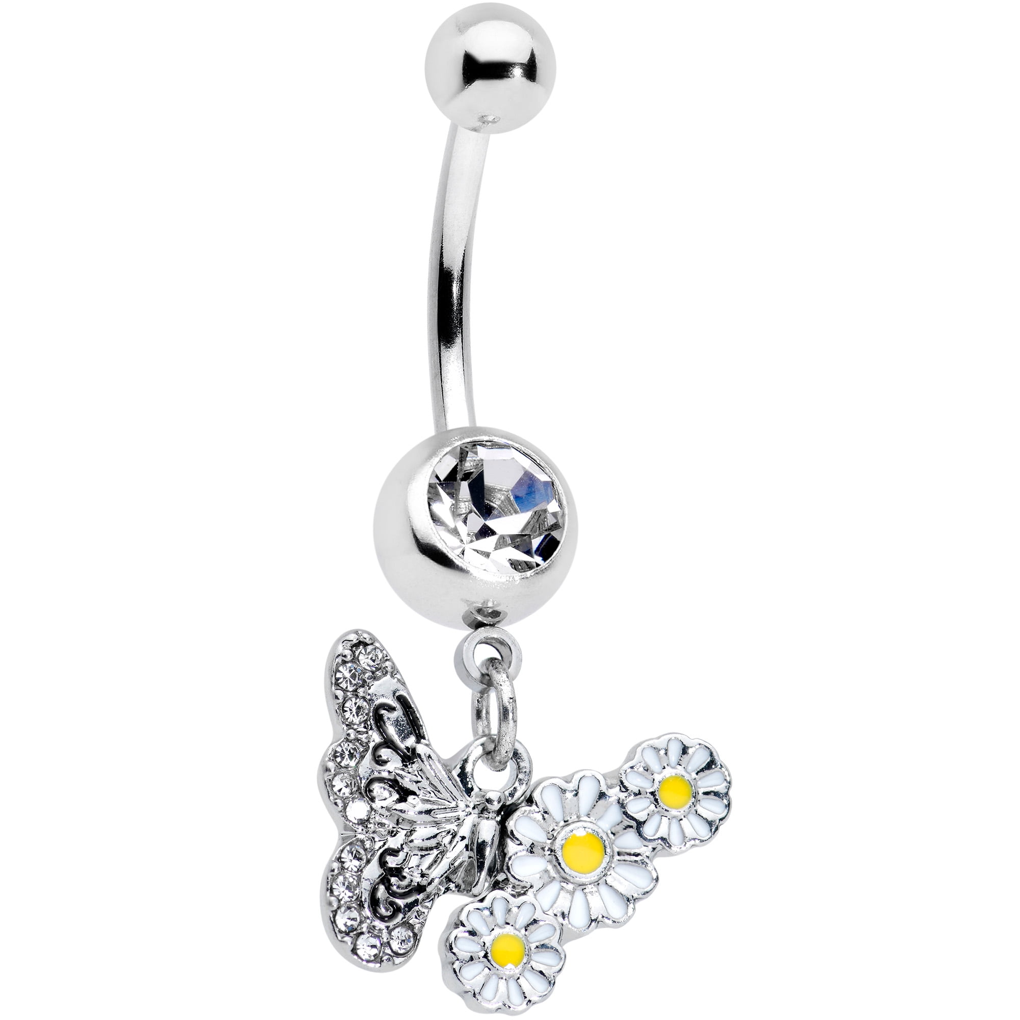 Body Candy Womens 14G Steel Navel Ring Piercing Clear Butterfly Daisy Flower Dangle Belly Button
