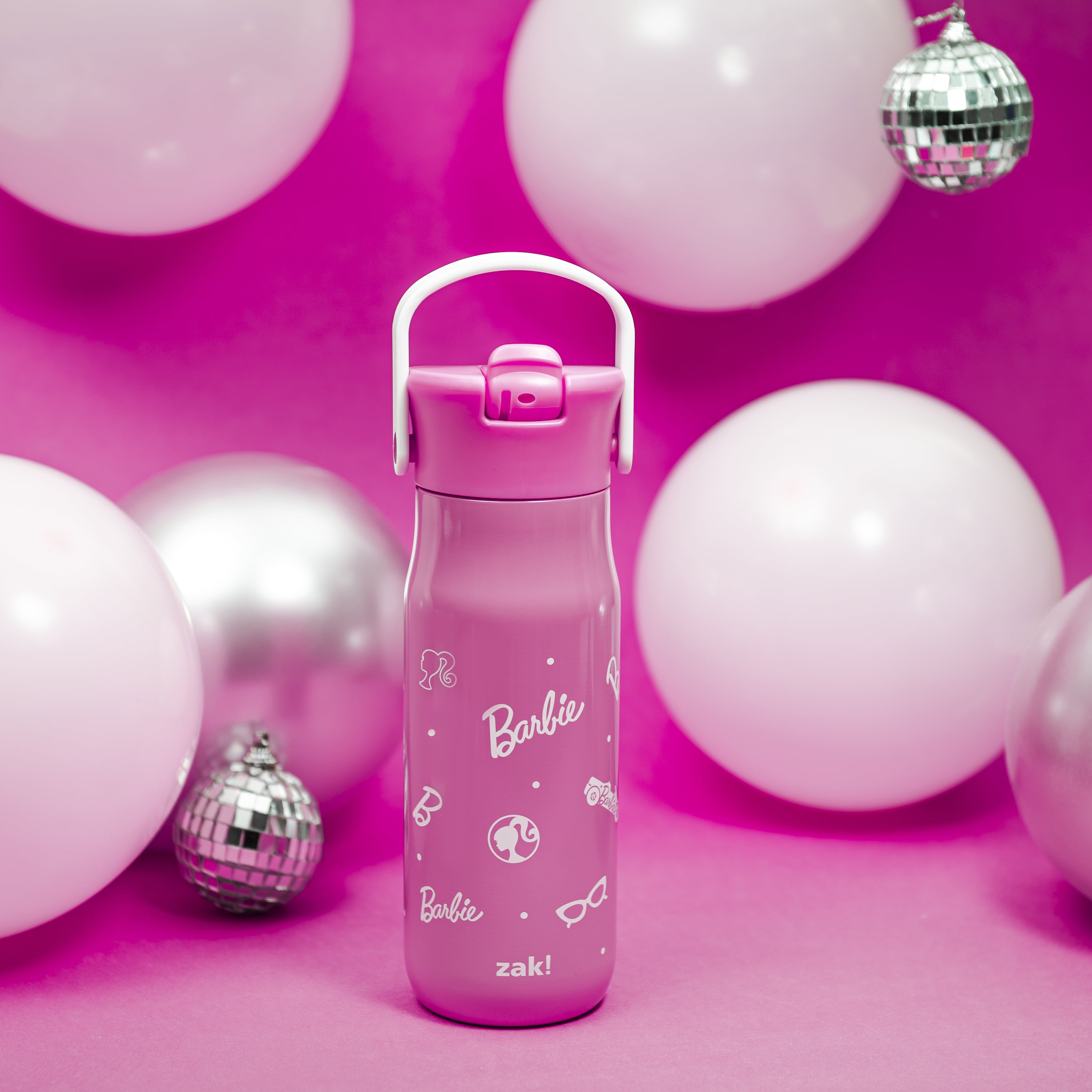 Zak Designs 20oz Harmony Barbie Water Bottle for Travel or At Home, Stainless Steel is Leak-Proof When Closed and Vacuum Insulated with Straw Lid and Carry Handle (Pink)