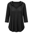 thumbnail image 4 of Women's Plus 3/4 Sleeve Tunic Tops Drawstring Hoodie V Neck Loose Fit Curved Hem Hooded Shirts to Wear with Leggings Fall Casual Outfits, Black, XXL, 4 of 10