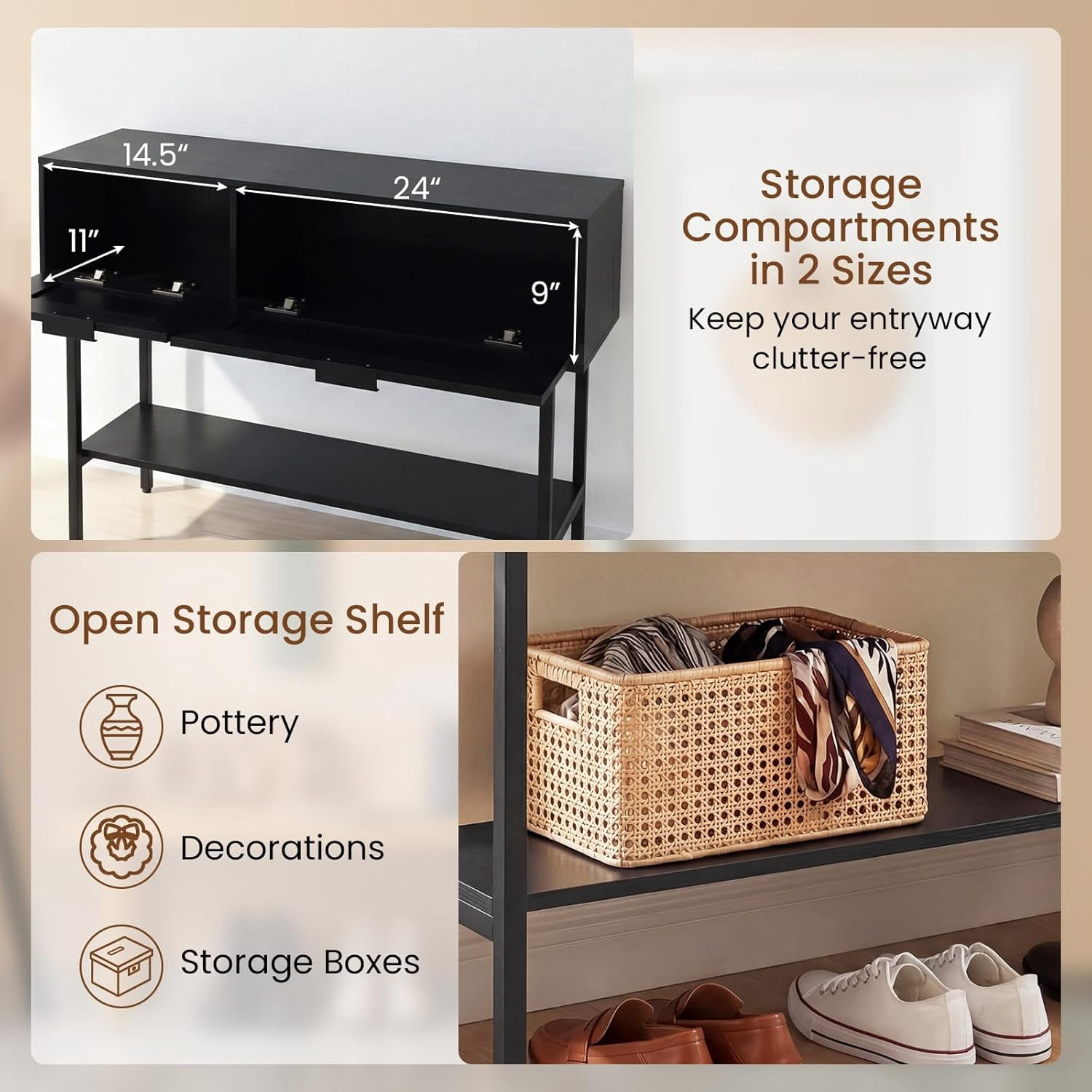 WBTER 40” Rattan Console Table, Narrow Long Entryway Table with Storage Shelf, 2 Flip Door Cabinets, Metal Frame, Boho, Farmhouse Behind Couch Sofa Tables for Living Room, Hallway (Black)