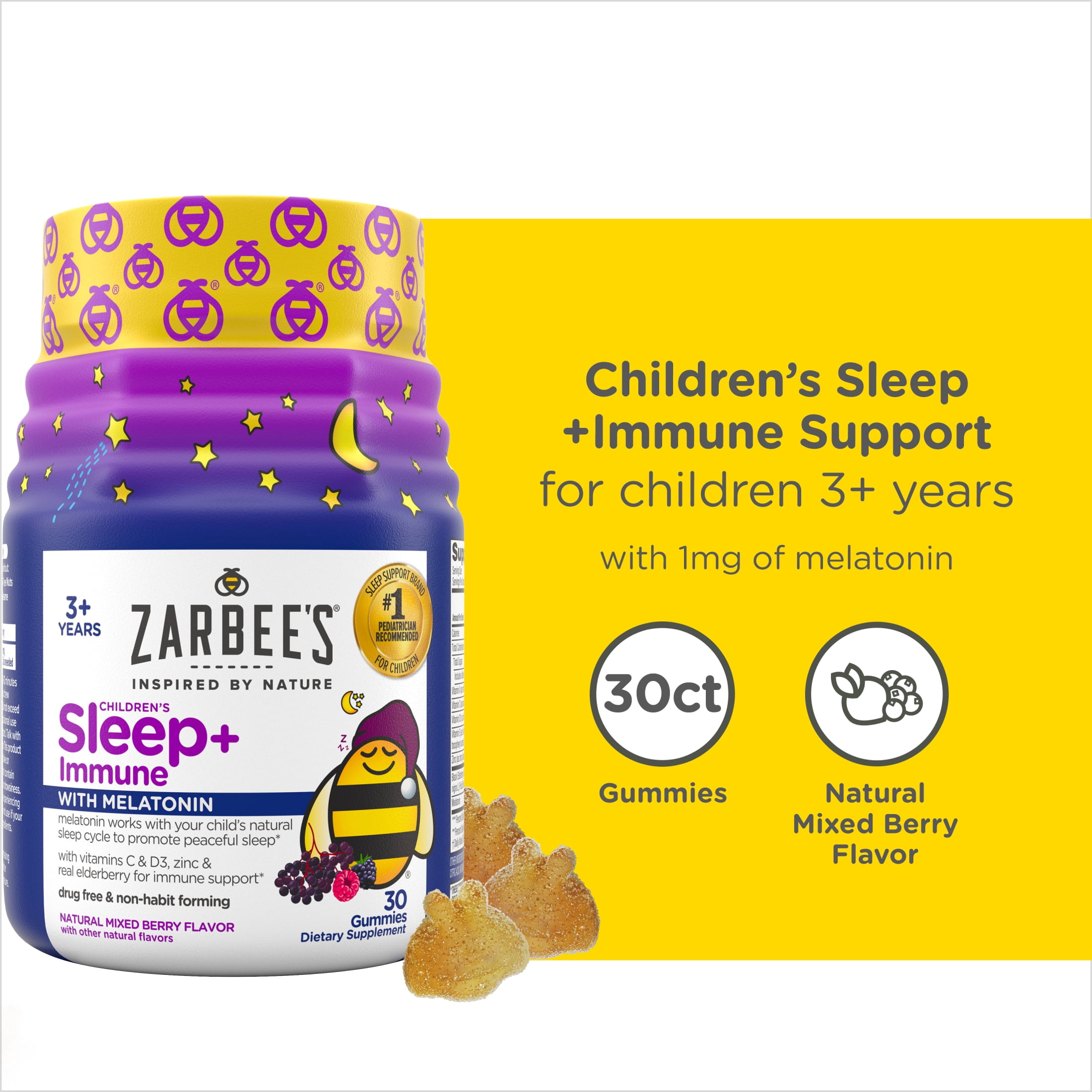 (3 pack) Zarbee's Children's Sleep + Immune + Melatonin Gummies, Berry, 30 Count