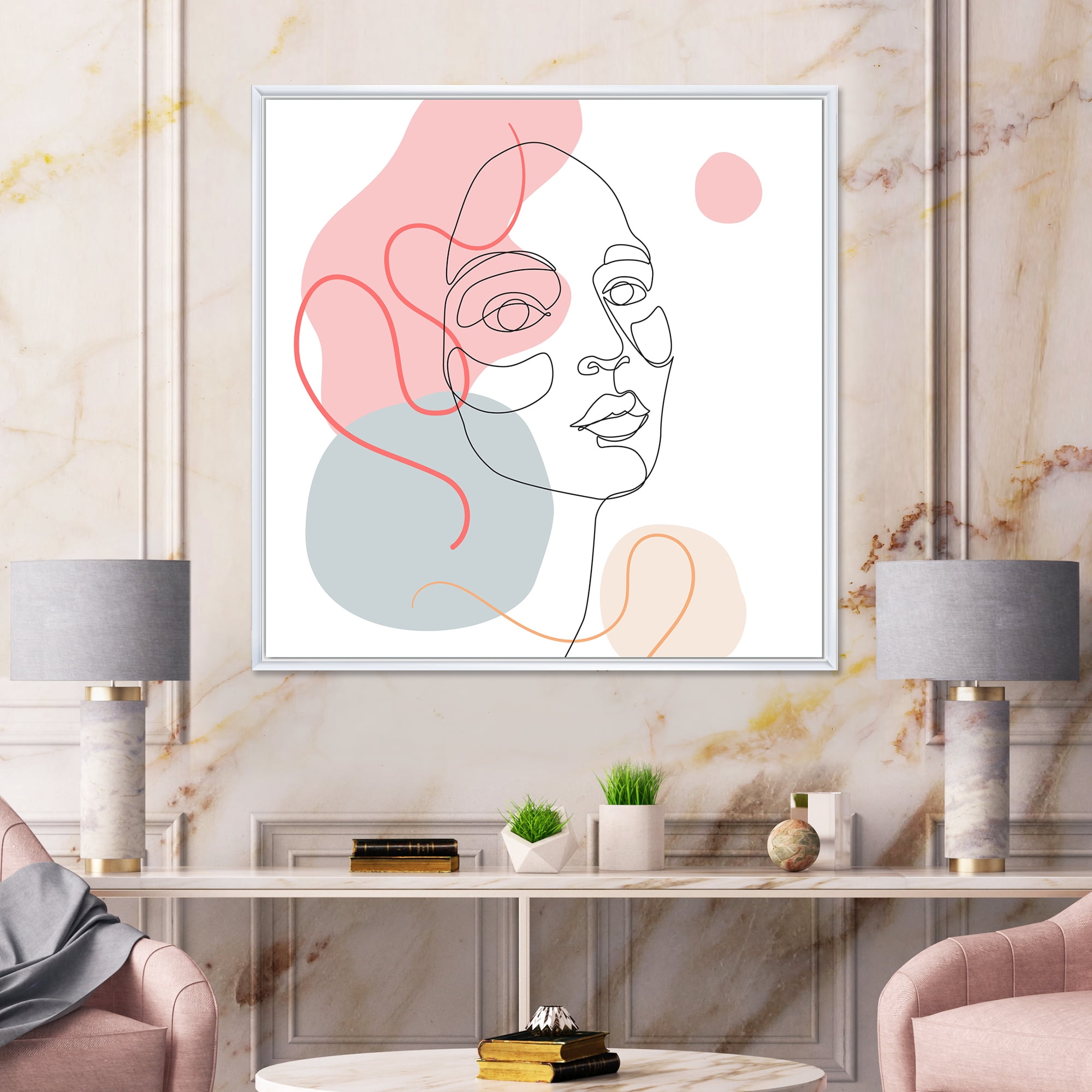 Designart 'One Line Drawing of Young Girl In Pastel Tones' Modern Framed Canvas Wall Art Print