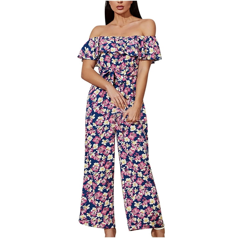 Women's Jumpsuits Short Sleeve Smocked Waist Wide Leg Pants Women's Summer  Off Shoulder Flower Bodysuit Holiday Beach Bodysuit Purple XS 