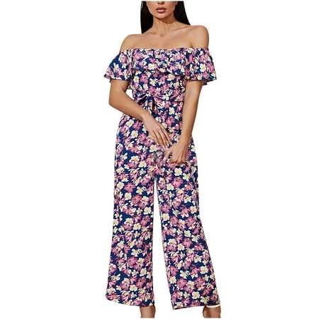 

Summer Savings Clearance! PEZHADA Bodysuit for Women Jumpsuits for Women Rompers for Women Women s Summer Off Shoulder Flower Bodysuit Holiday Beach Bodysuit Purple L