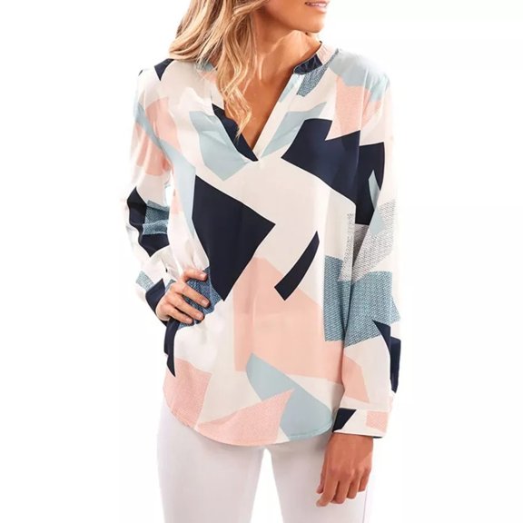 Women's Abstract Print Long Sleeve V-Neck Geometric Pattern Blouse Casual Tops XL