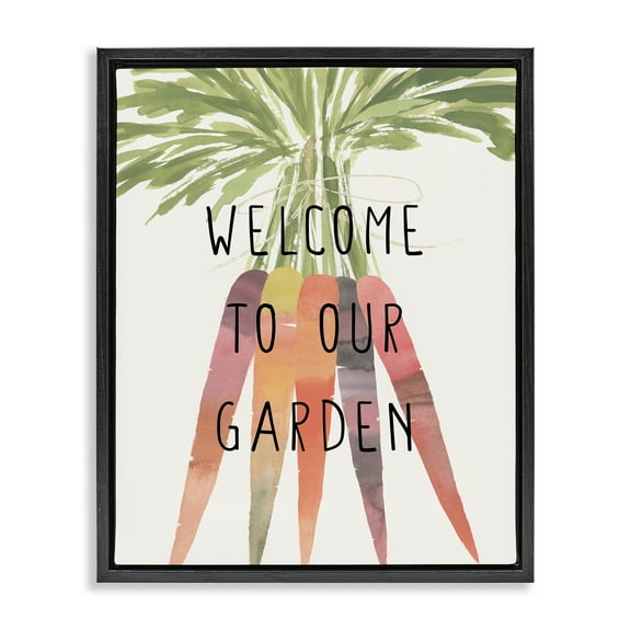 Stupell Industries Welcome Garden with Carrots Food & Beverage Painting Black Floater Framed Canvas Art Print Wall Art, 17 x 21