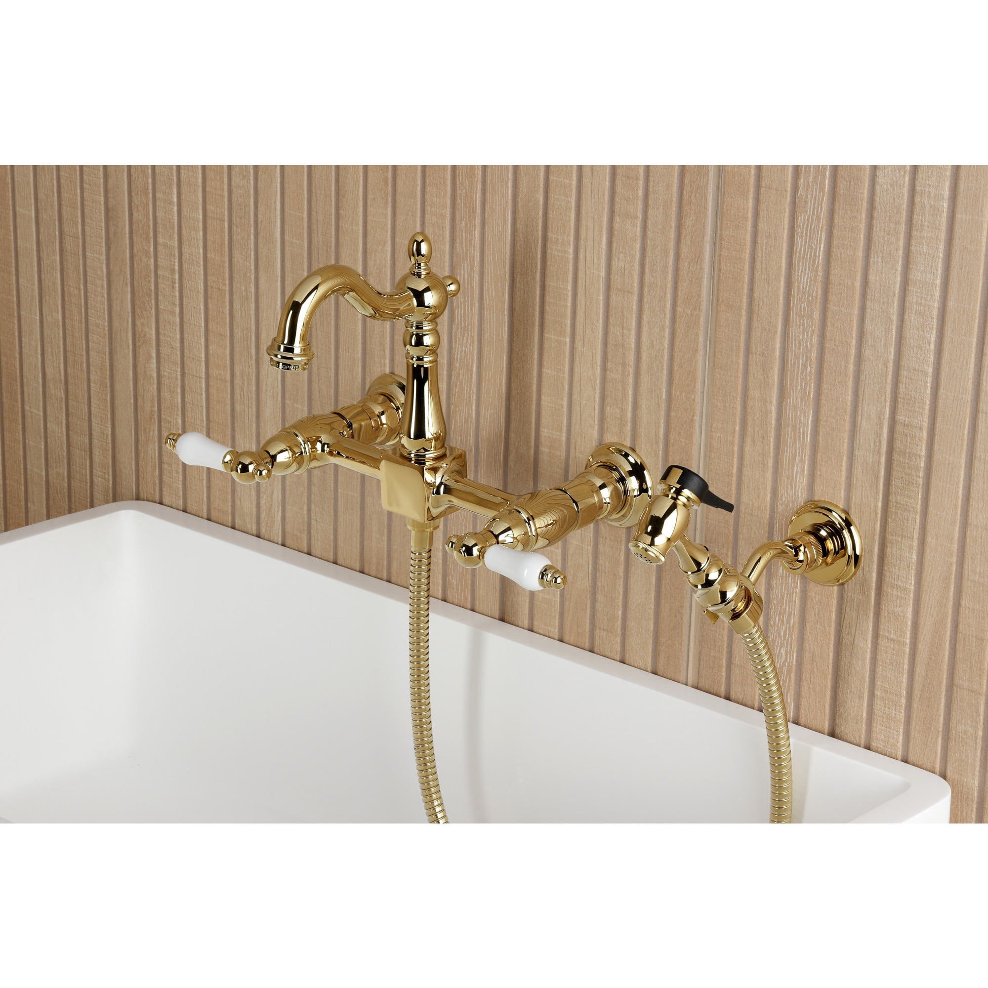 Kingston Brass KS2442PLBS Heritage Double-Handle 3-Hole Wall-Mount Bridge Kitchen Faucet with Brass Sprayer in Polished Brass