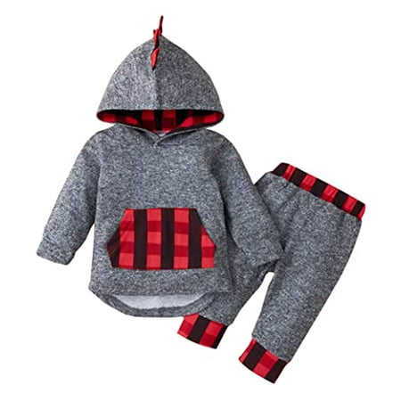 

StylesILove Infant Baby Boys Grey Dinosaur Plaid Pullover Hoodie and Pants 2pcs Cotton Autumn Winter Long Sleeve Outfit (6 Months)