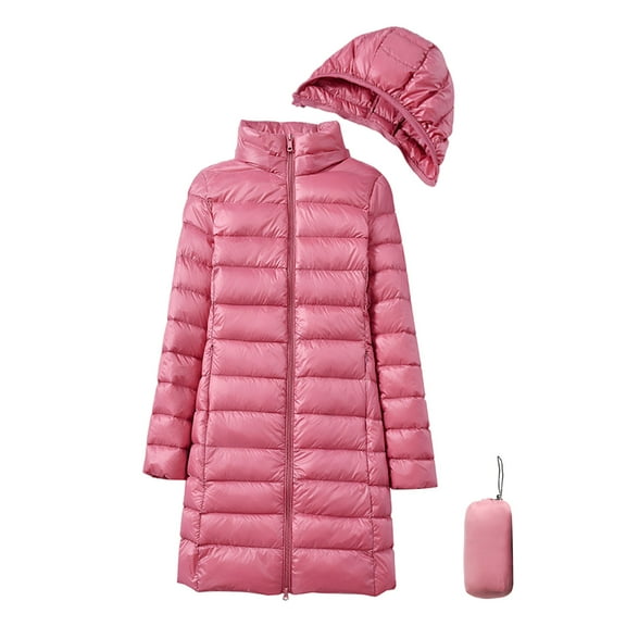 Winter Down Coat with Storage Bag Thickened Padded Plush Hood Mid Length Windproof Long Sleeves Windproof Warm Daily Outwear Cotton Jacket
