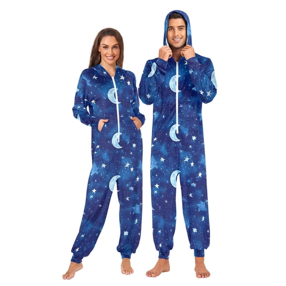 Moons and Stars Pattern Adult onesie Pajamas, Crystal Velvet Ultra Soft Warm Jumpsuit for Men and Women