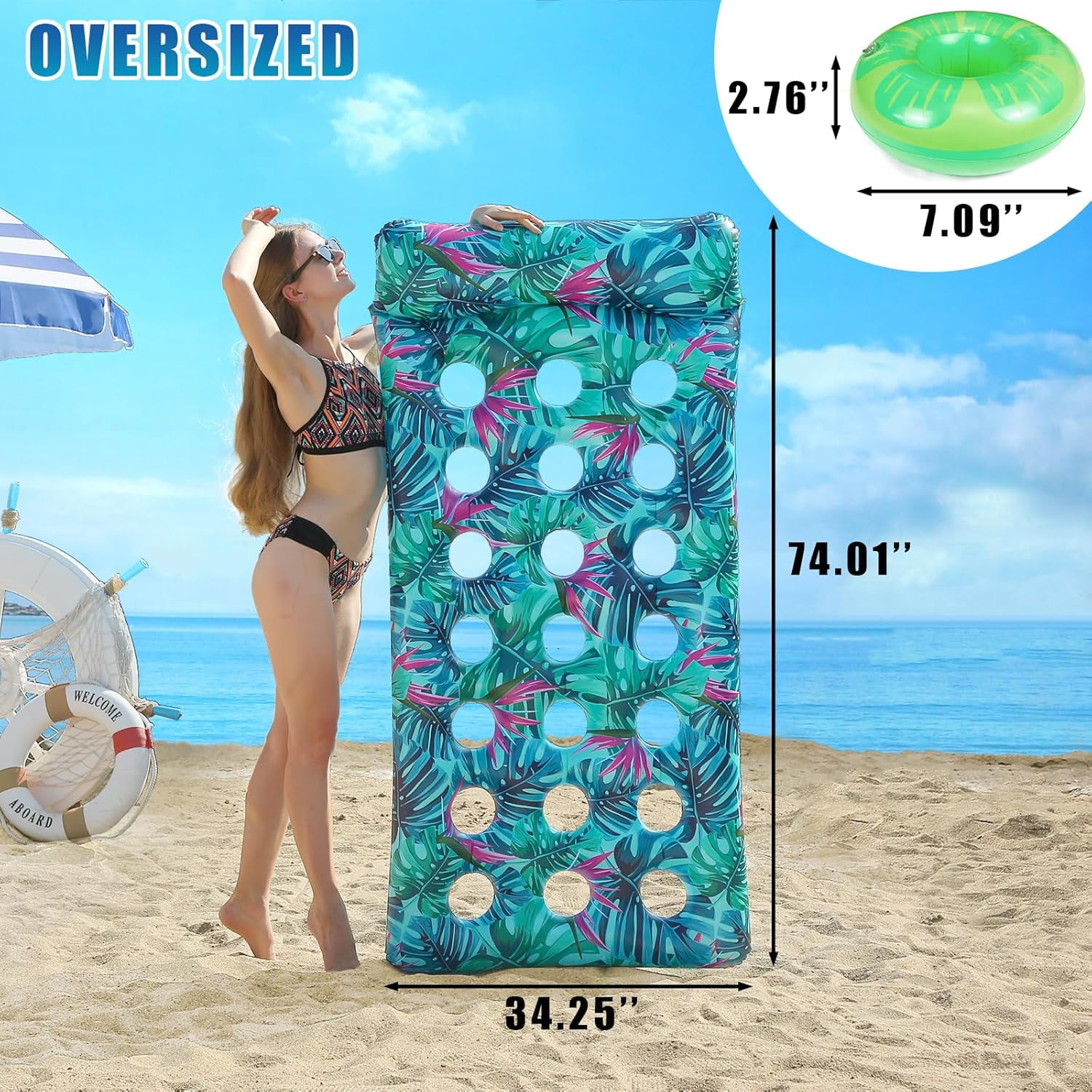 Inflatable Pool Floats Adult Heavy Duty, 74X34in Oversized Pool Float Lounger Floating Chair Raft with Headrest Cup Holder, Cooling Pool Lounge Lake Lounge Tanning Floats Summer Beach Outdoor