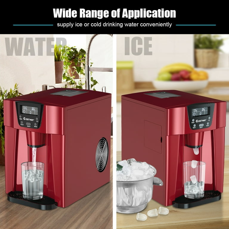 2-in-1 Ice Maker Water Dispenser 36lbs/24H LCD Display-Red