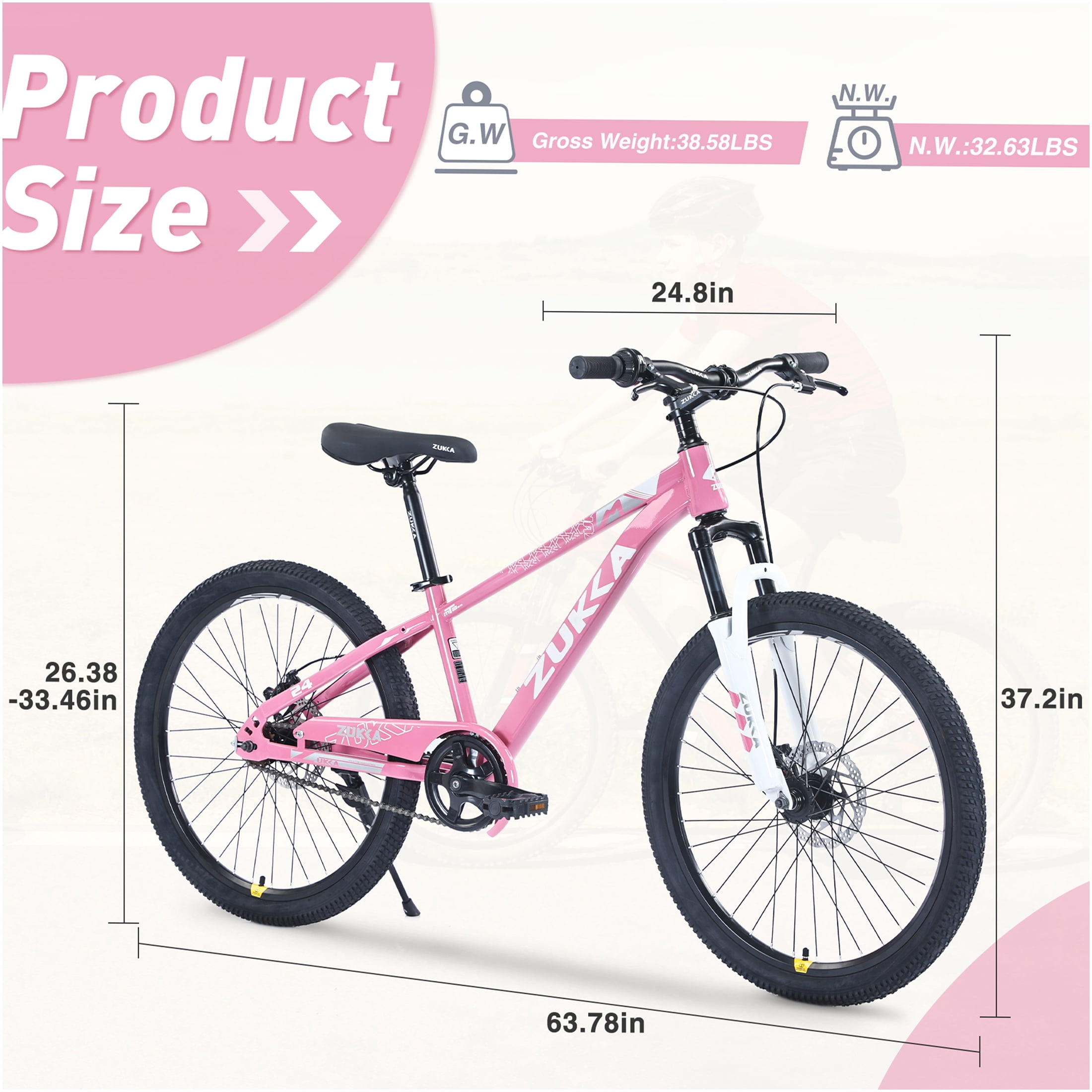 JERFIT 24 Inch Kids Mountain Bike for Boys Girls 9-12 Years, Steel Frame, Front Suspension Fork, Pink