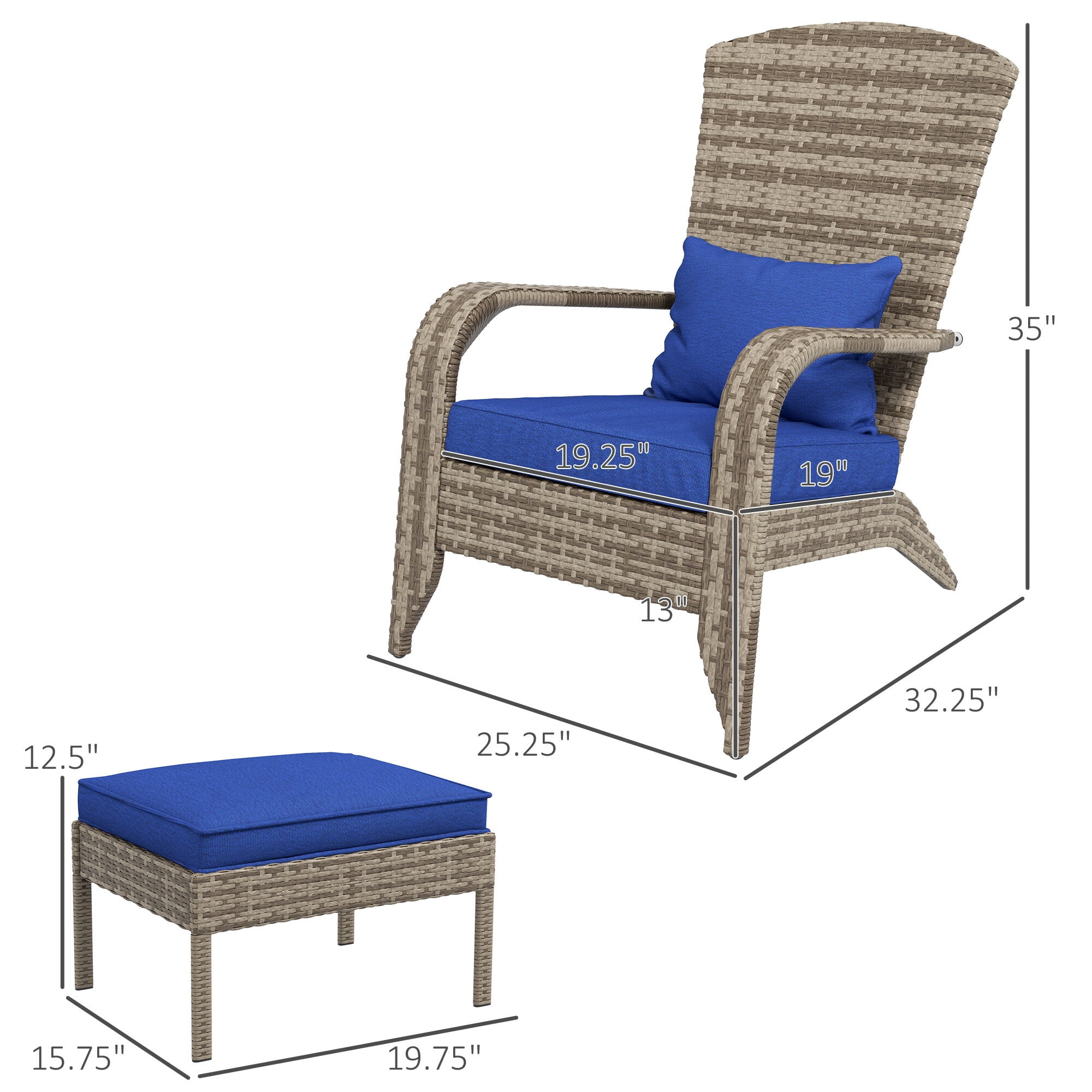 Patio Furniture Outsunny Patio Wicker Adirondack Chair with Ottoman, Outdoor Fire Pit Chair with Cushions, High-Back, Large Seat & Armrests for Deck, Garden & Backyard, Dark Blue,Patio Chairs