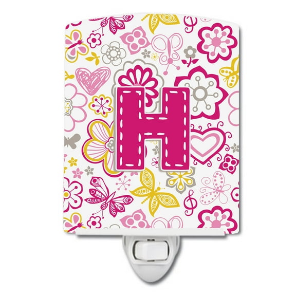 Letter H Flowers and Butterflies Pink Ceramic Night Light