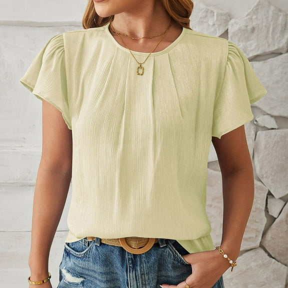 lmcalzta Womens Summer Tops Short Sleeve Crew Neck Pleated T Shirts Solid Color Fashion Tees