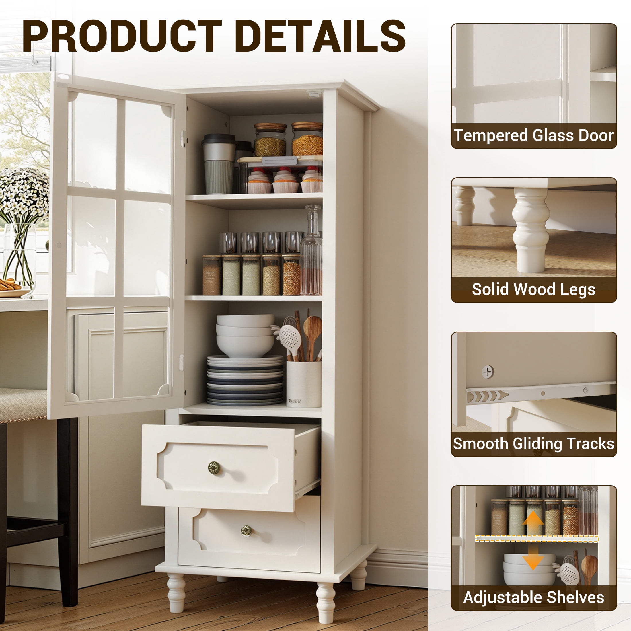 SESSLIFE Small Pantry Cabinet with Glass Door and 2 Drawers, Freestanding Storage Cabinet with Adjustable Shelves for Kitchen, Dining Room, Coffee Bar and Small Spaces, White
