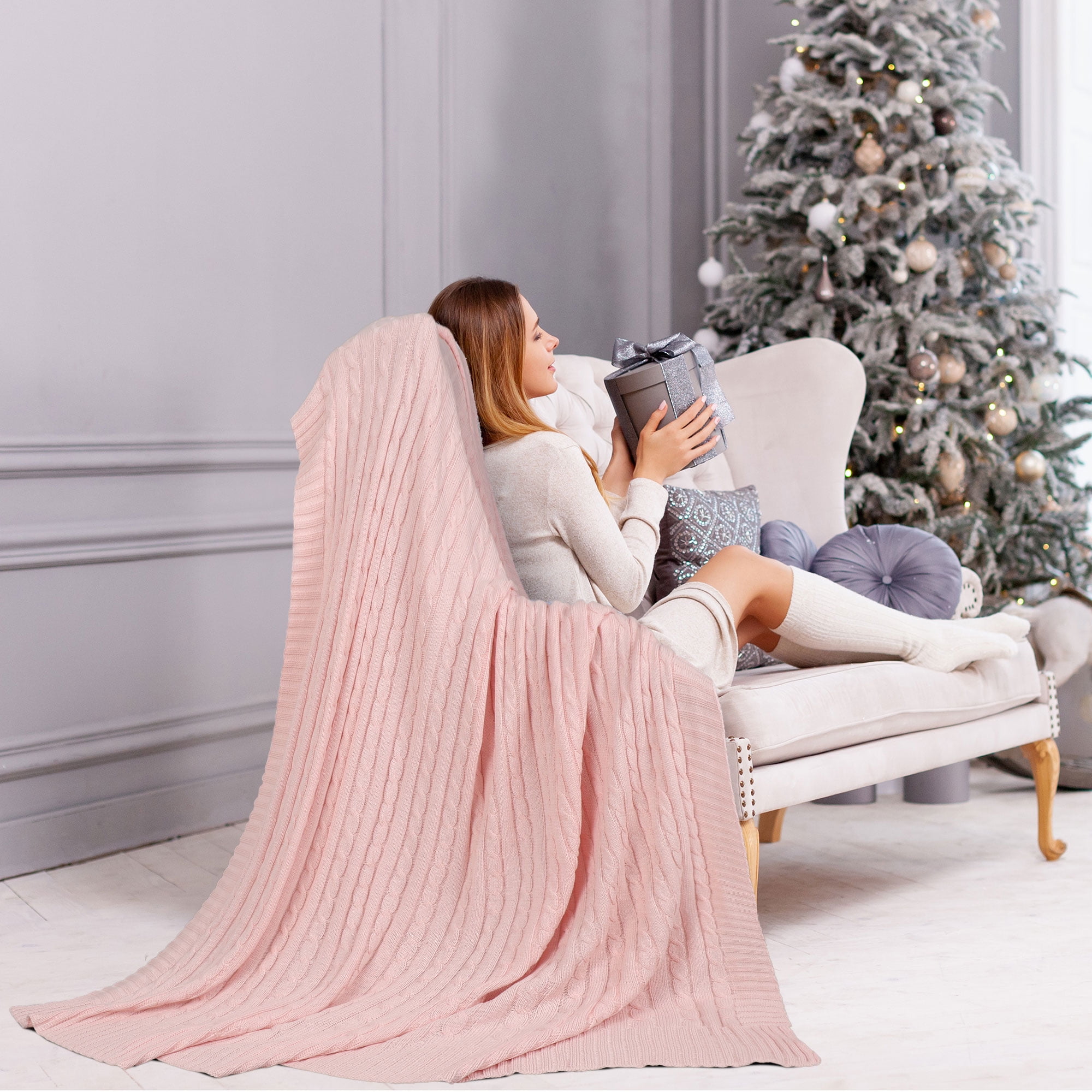 Unique Bargains Cable Knitted Bed Sofa Throw Blanket Pink 47" x 71"