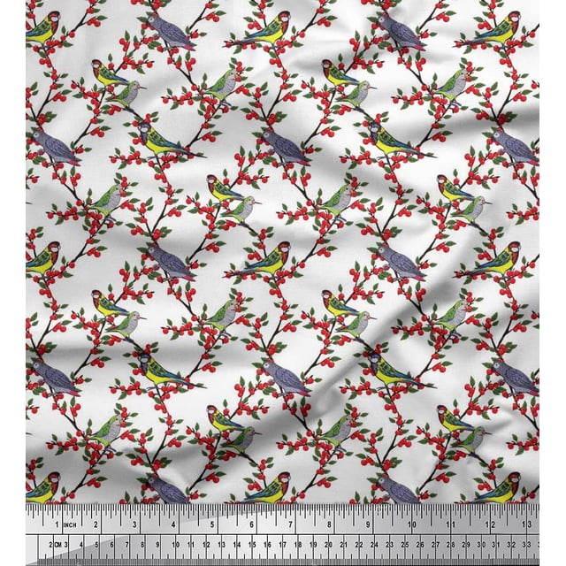 Soimoi Georgette Viscose Tissu Feuilles, Rouges Baies & Perroquet Oiseau Tissu Imprimé par la Cour 42 Pouces de Large