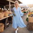 thumbnail image 5 of CIENVNSTG Summer Dresses for Women 2026 Vacation Long Sleeve Maxi Dress V Neck Button Down Flowy Tiered Ruffle Shirt Dress Summer Casual Long Dresses Sky Blue M, 5 of 6
